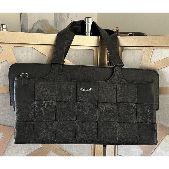 Lia Luma Italy Woven Black Leather Handbag tote purse Bag